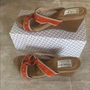 A J Valenci Orange Gold Stud/Square Wedge Sandals